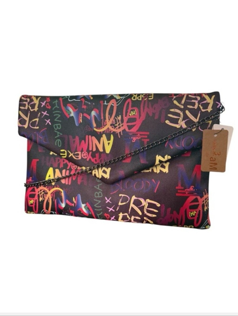 Graffiti Print Envelope Clutch w/ Gunmetal Chain Crossbody Strap